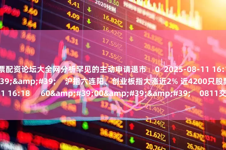 股票配资论坛大全网分析罕见的主动申请退市    0  2025-08-11 16:18     08'36''    沪指六连阳、创业板指大涨近2% 近4200只股飘红    0  2025-08-11 16:18     60'00''    0811交易进行时15-16点    0  2025-08